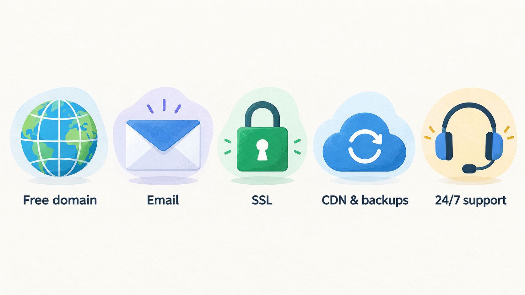 Show the shared setup baseline as one row of five labeled icons: Free domain, SSL, Email, CDN and Backups.